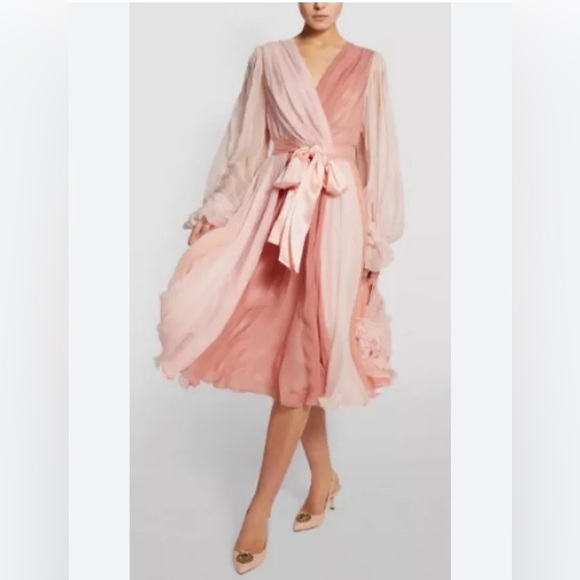 Dolce & Gabbana Two-tone Pleated Wrap Dress Pink Bow Midi Cocktail Puff Sleeve 6 - Picture 7 of 12